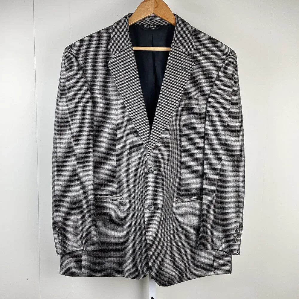 Jos. A. Bank Navy Cream Houndstooth‎ Blazer Jacket Sport Coat Silk Wool Mens 44R
